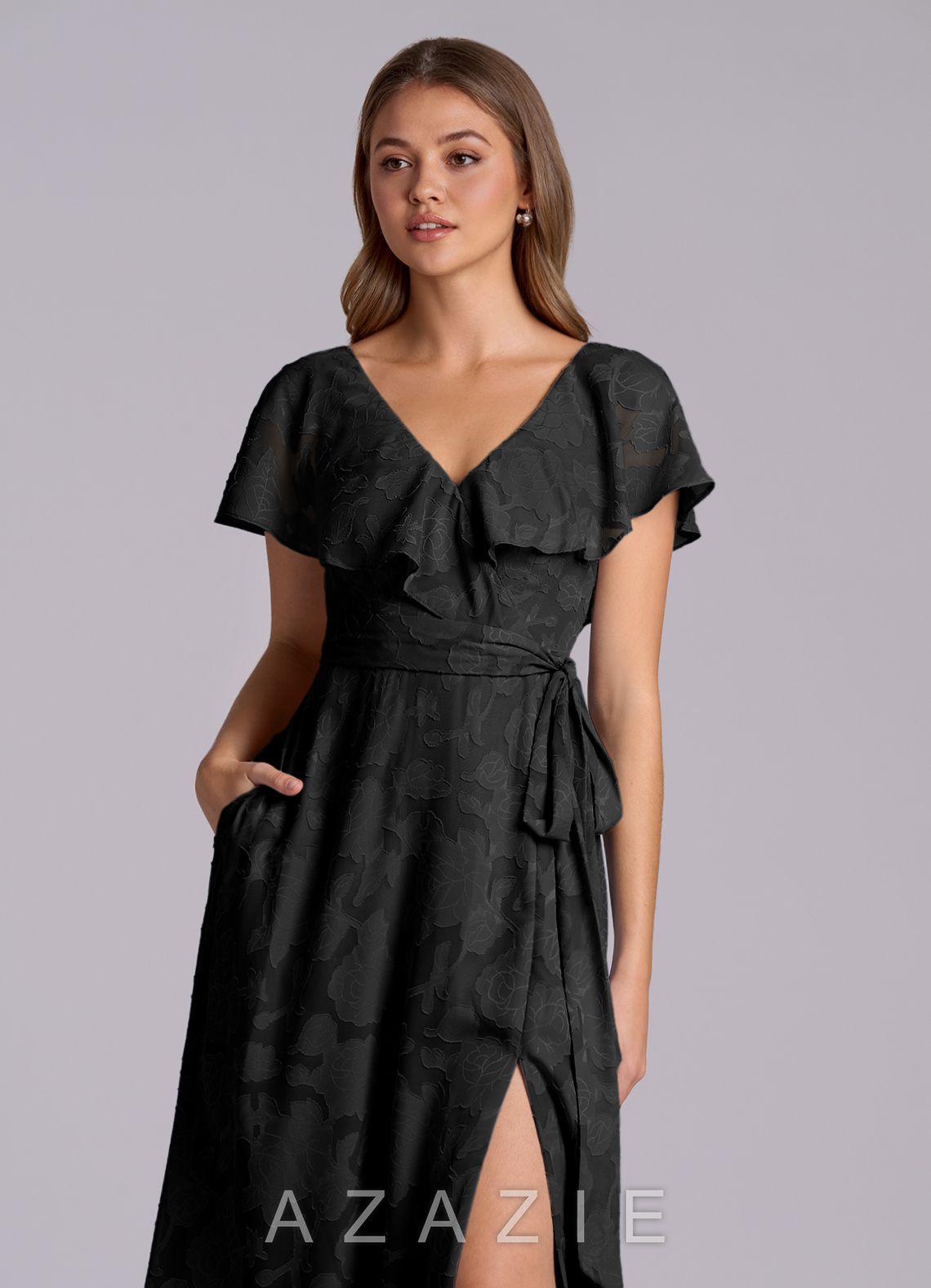 Azazie Lainey Black A-Line with Pockets Floral Burnout Dress black