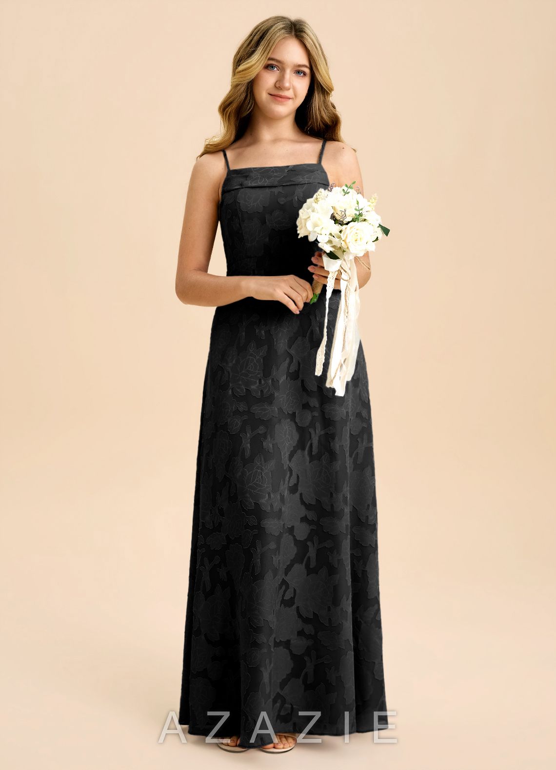 Azazie Anselie Junior Black A-Line Off the Shoulder Floral Burnout Dress black