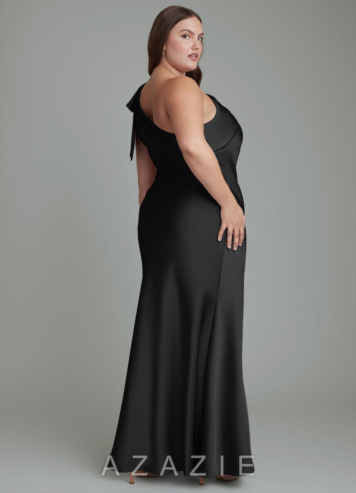Azazie Yuanna Black Mermaid One Shoulder Stretch Satin Dress black