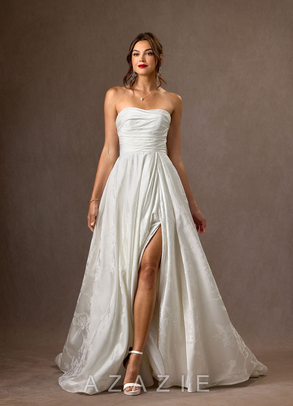 Azazie Daliah Diamond White A-Line Strapless Floral Jacquard Dress