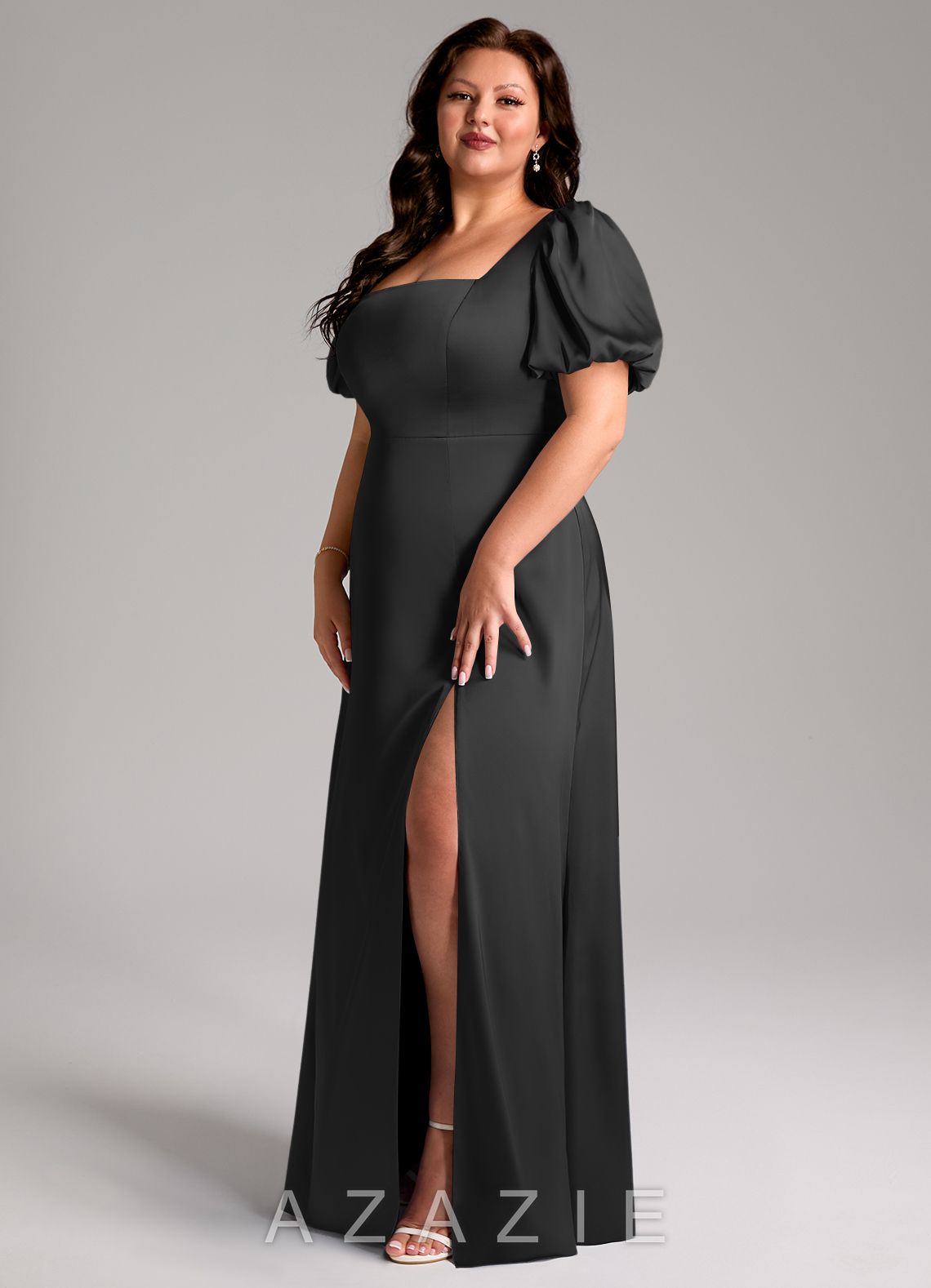 Azazie Fyona Black A-Line Pleated Stretch Satin Dress black