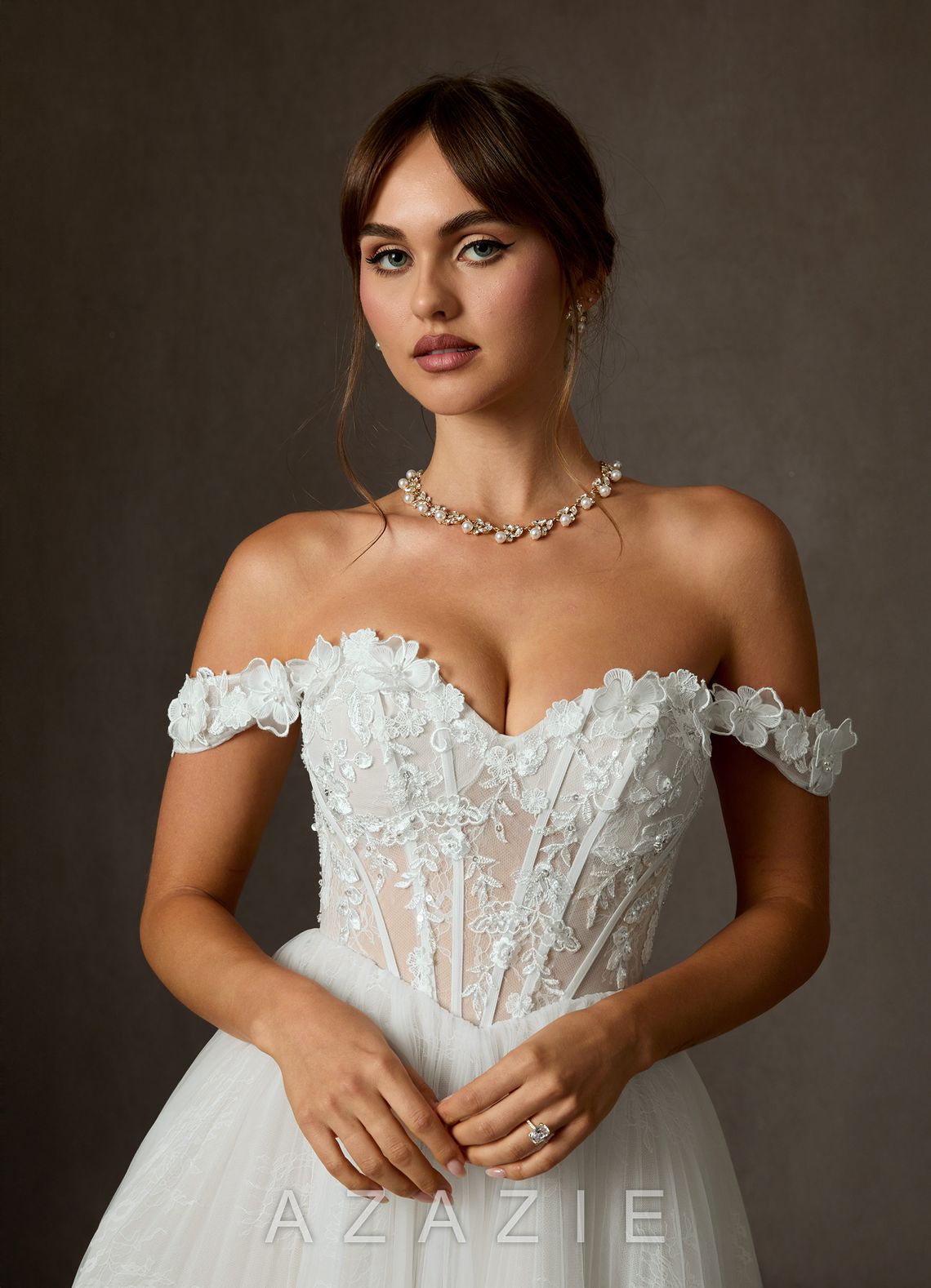 Azazie Sorel Diamond White Ball-Gown Off the Shoulder Lace Dress diamond_white
