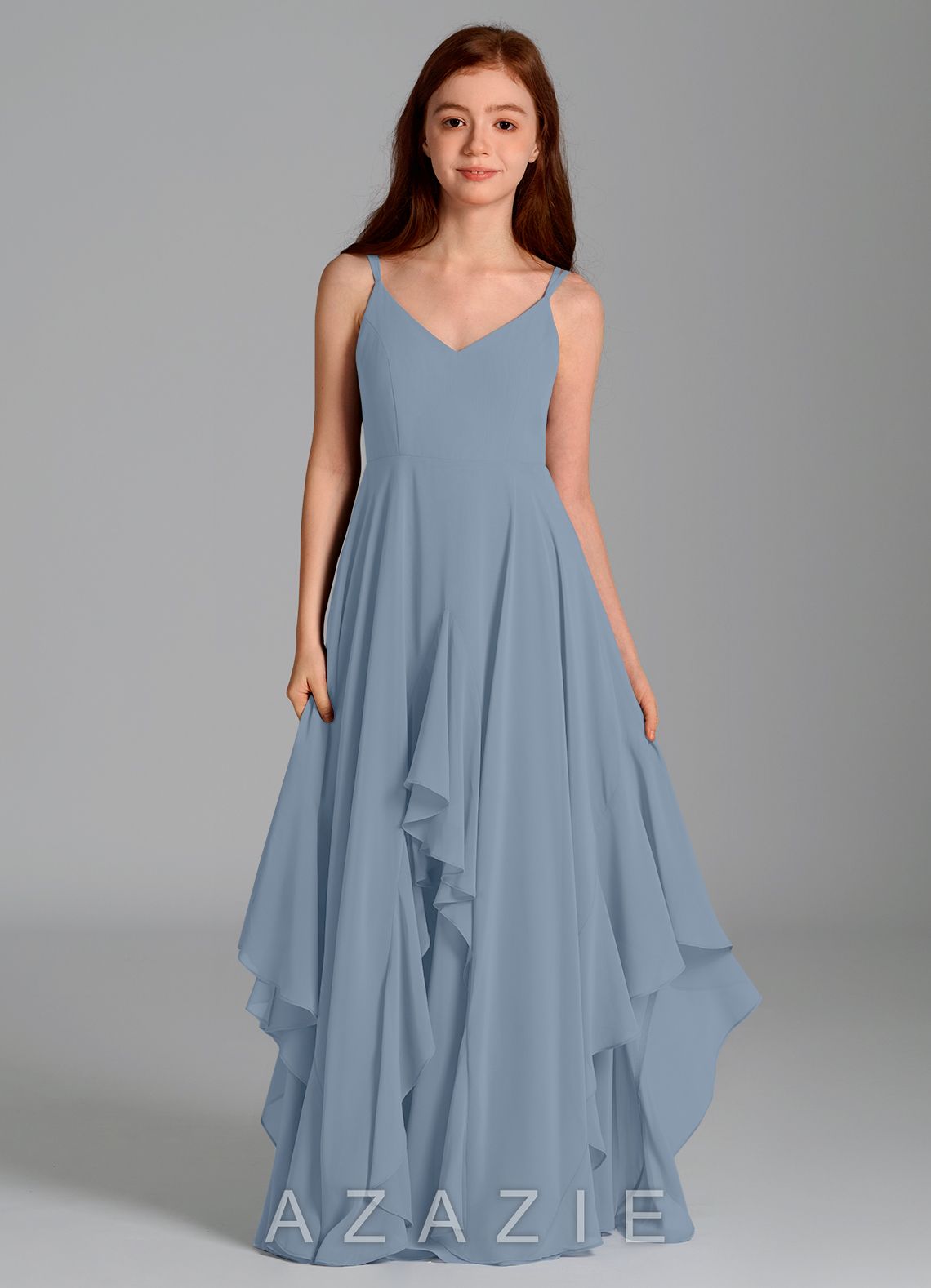 Azazie Karan Junior Dusty Blue A-Line Chiffon Dress dusty_blue