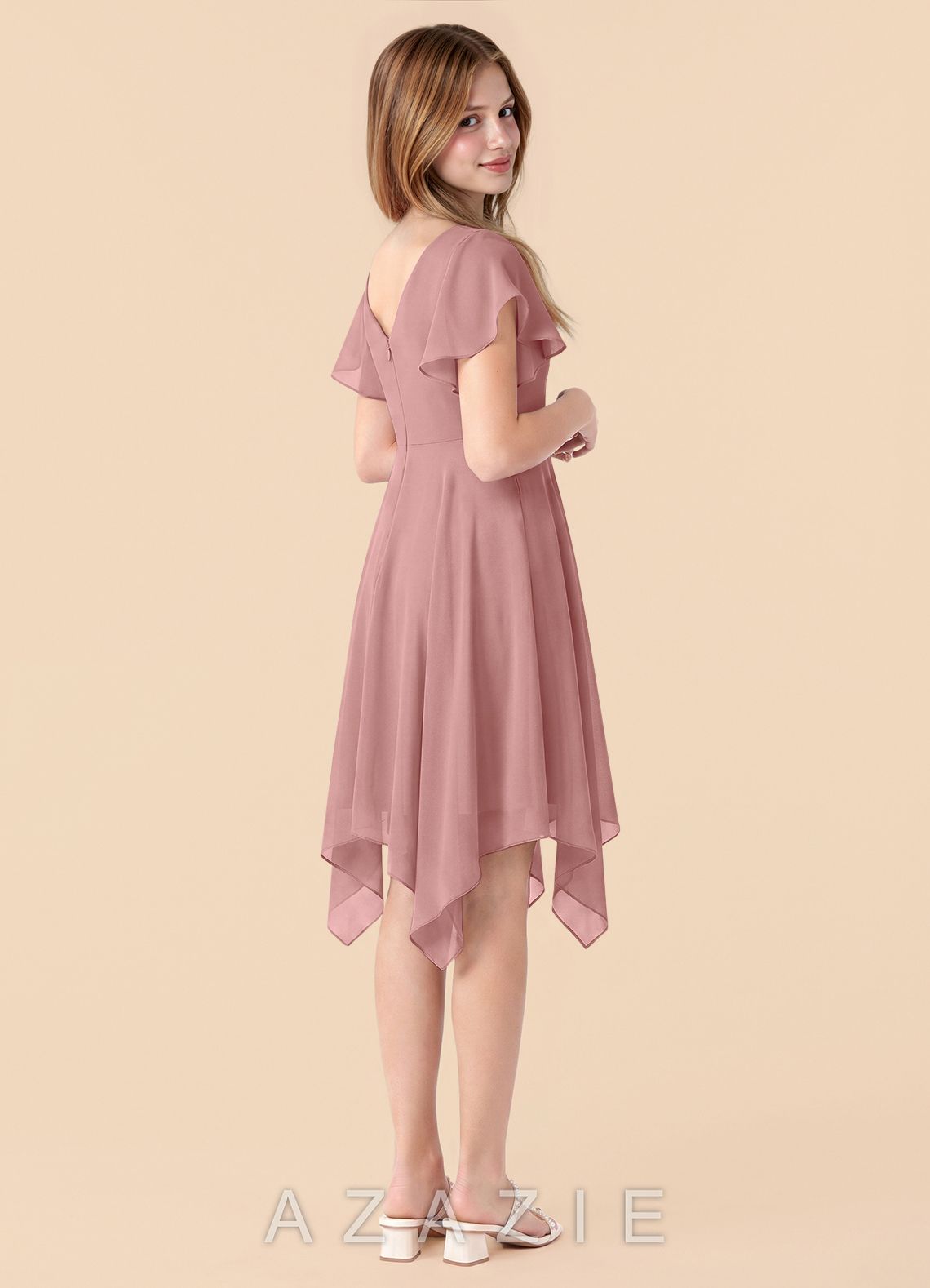 Azazie Janeaurelia Junior Dusty Rose A-Line Pleated Chiffon Dress dusty_rose