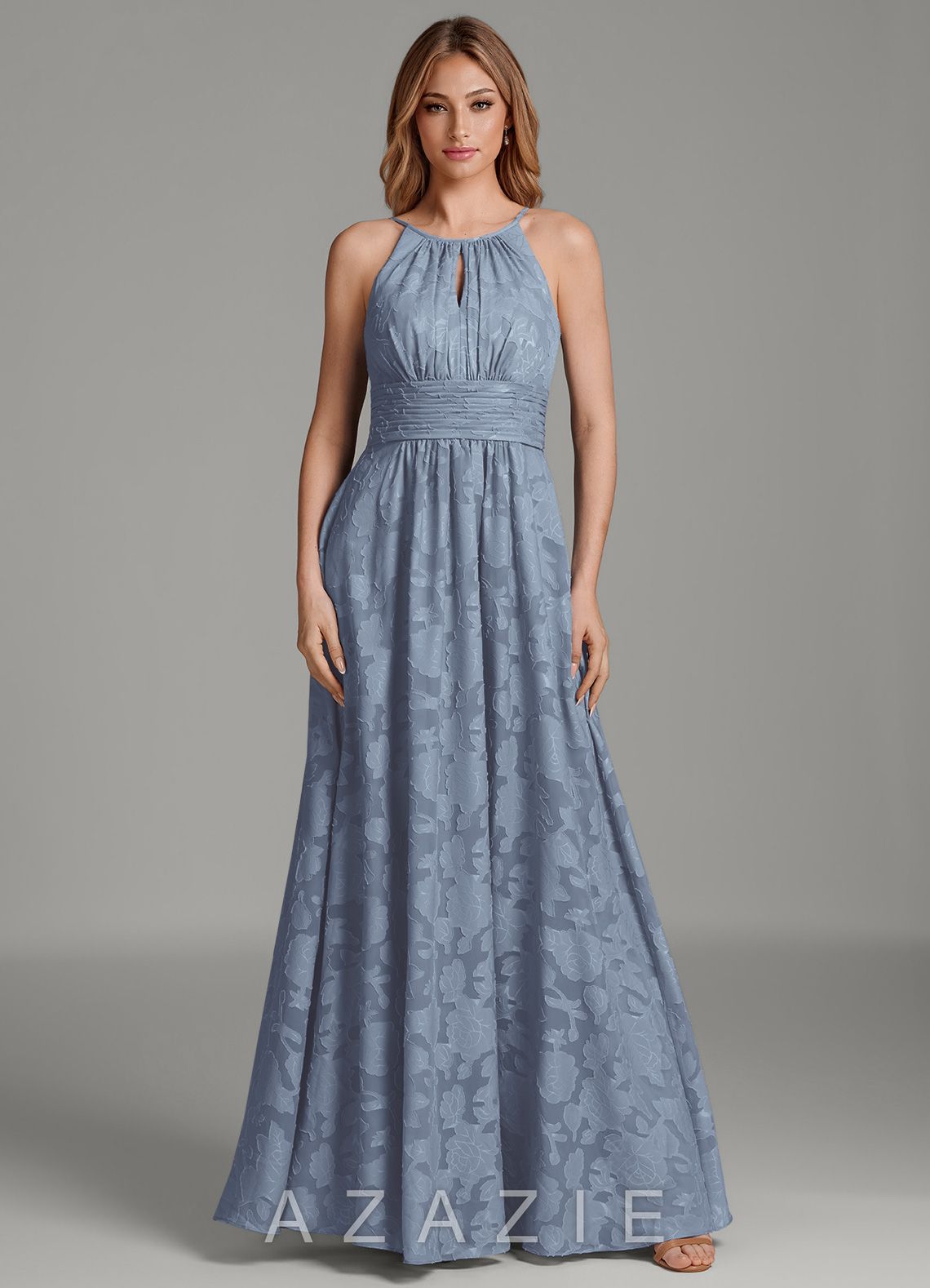 Azazie Bonnie Dusty Blue A-Line Pleated Floral Burnout Dress