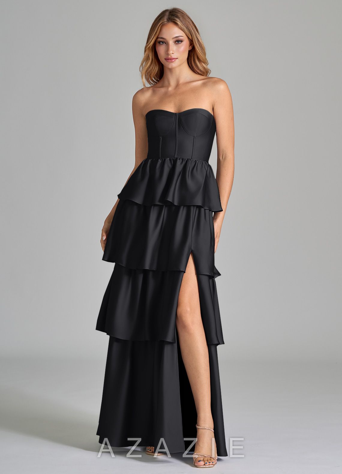 Azazie Faye Black A-Line Ruched Stretch Satin Dress black