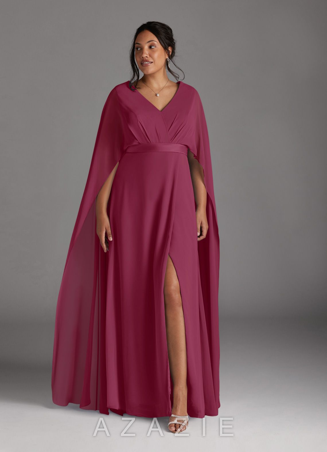 Azazie Isa Mulberry A-Line V-Neck Pleated Chiffon Dress mulberry