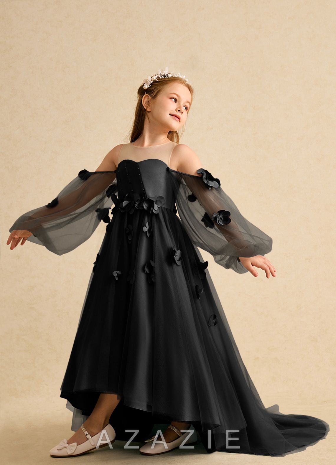 Azazie Karrie Black A-Line with Sleeves Tulle Dress black