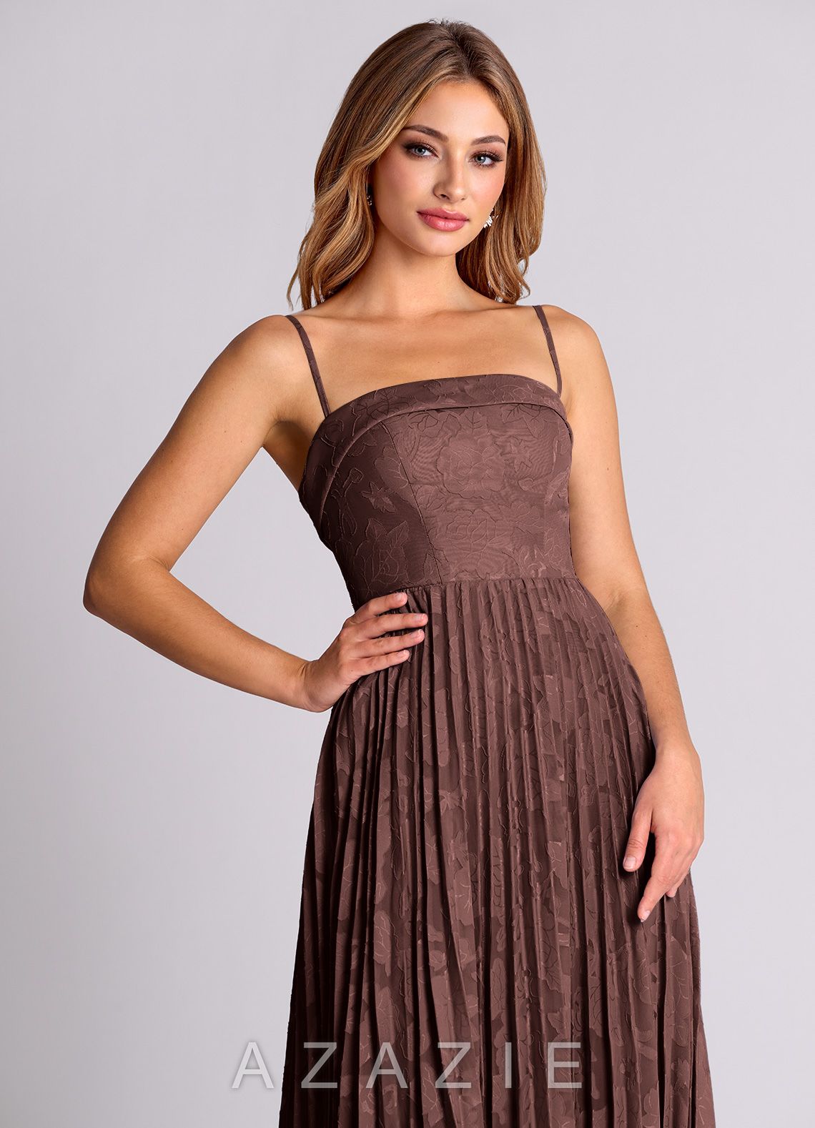Azazie Mariana Espresso A-Line Strapless Floral Burnout Convertible Dress espresso