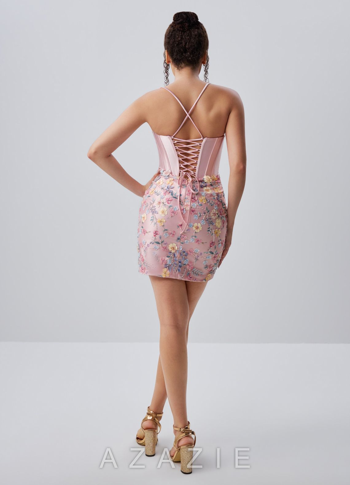 Ophelianna Blushing Pink multi-colored 3D Flowers Beading Stretch Satin Mini Dre