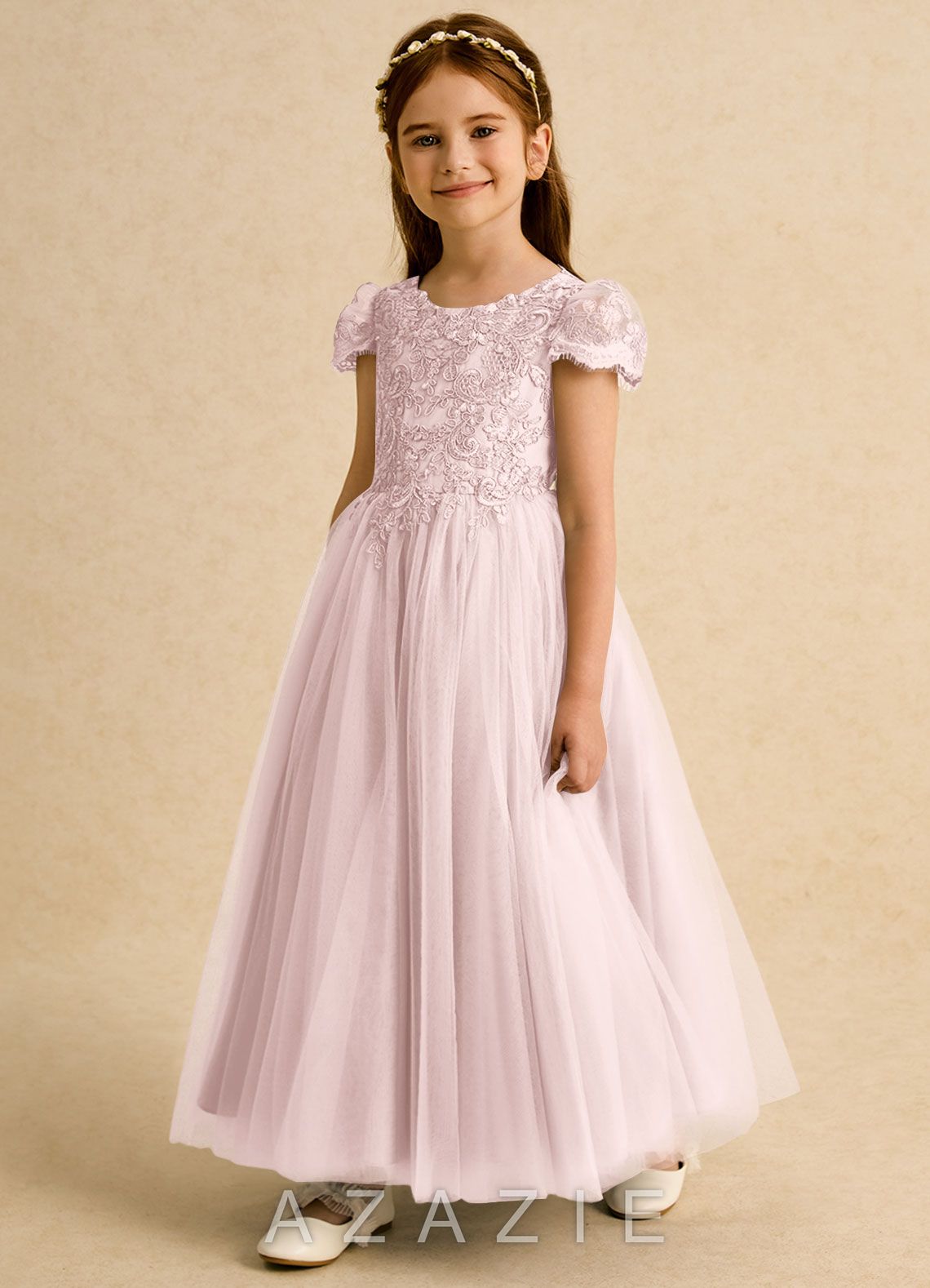 Azazie Puff Blushing Pink Ball-Gown Lace Tulle Dress blushing_pink
