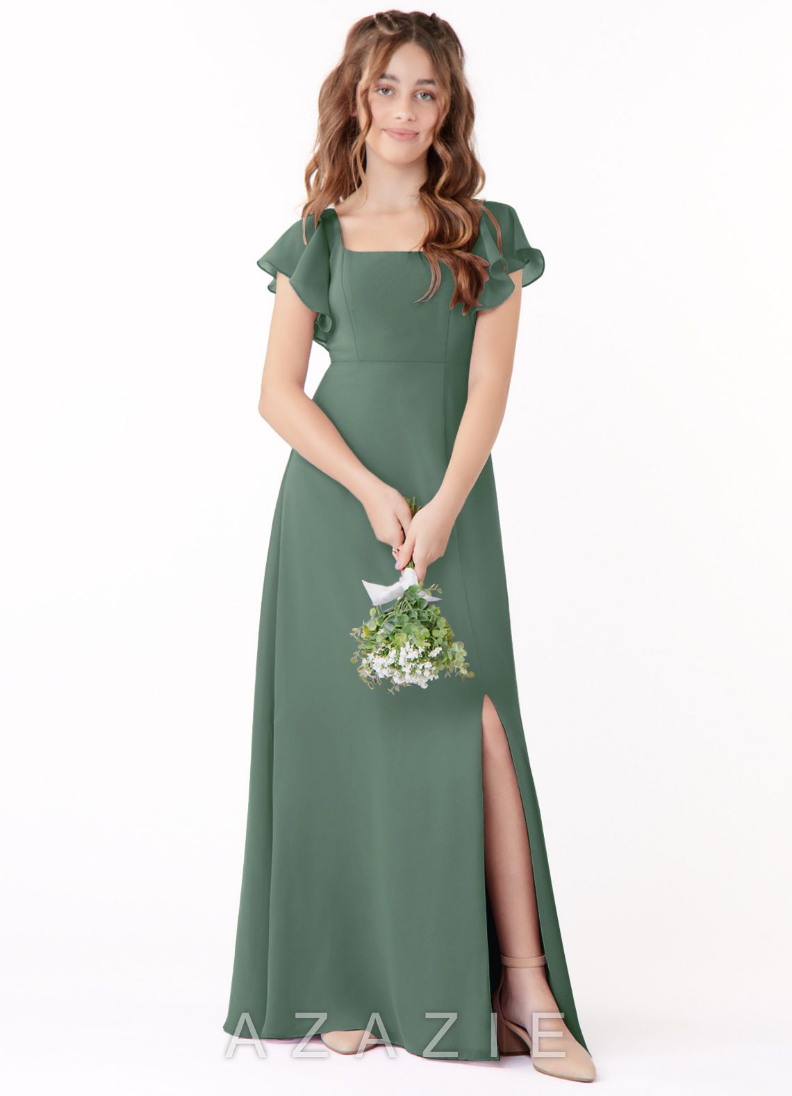 Azazie Bondi Junior Eucalyptus A-Line Bow Chiffon Dress