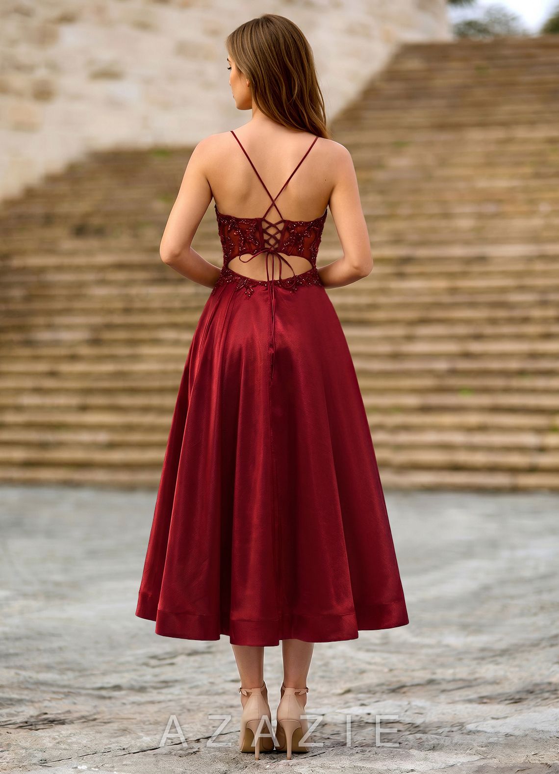 Cemtine Burgundy Lace Sequin Embroidery Satin Wedding Guest