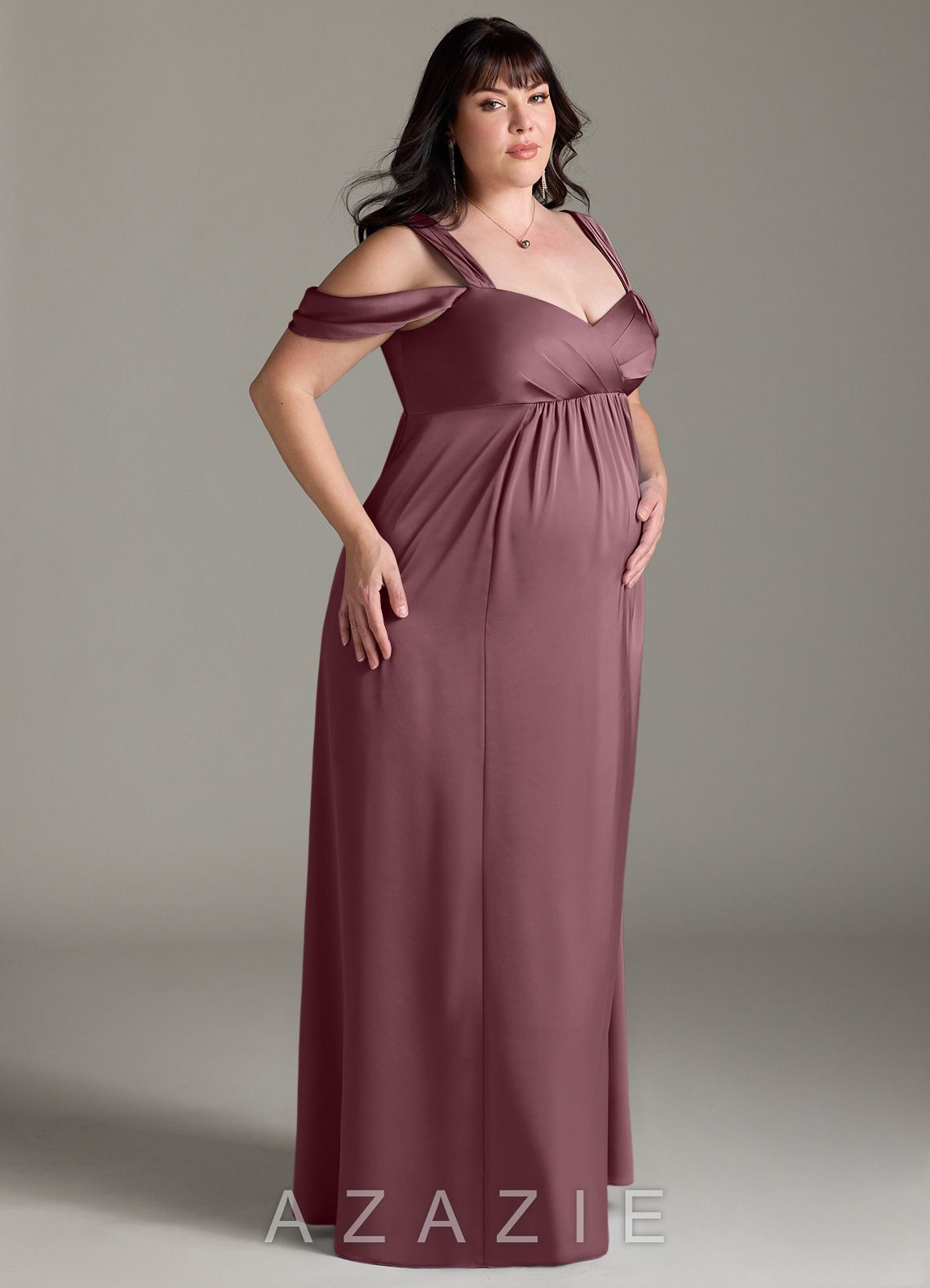 Azazie Rhea Stretch Satin Dress A-Line Off-The-Shouler Pleated Stretch Satin Floor-Length Dress amethyst