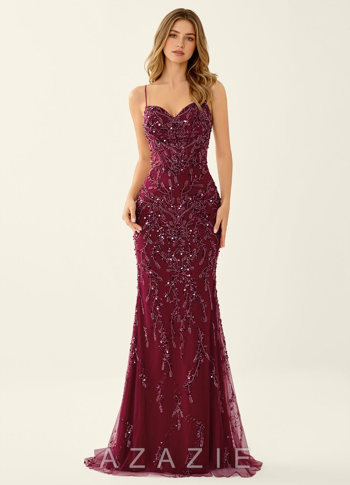 Zivah Burgundy Beaded Corset Lace Up Back Mermaid Dress  burgundy