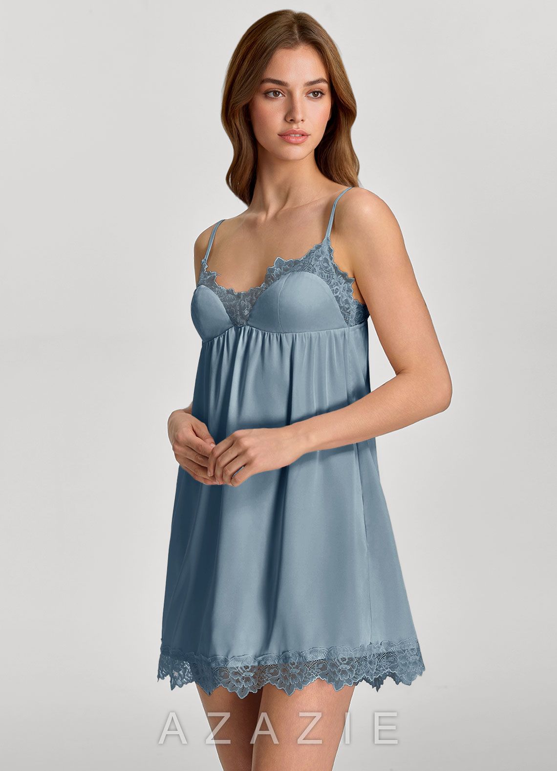 Satin Lace Bridal Chemise Slip Nightgown  dusty_blue