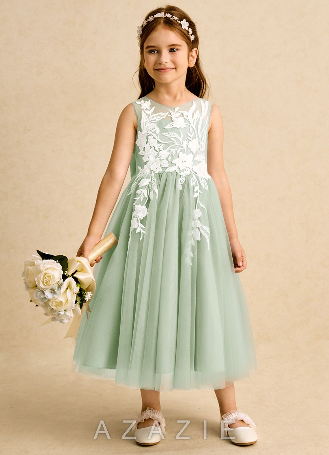 Azazie Sundae Dusty Sage Ball-Gown Lace Dress dusty_sage
