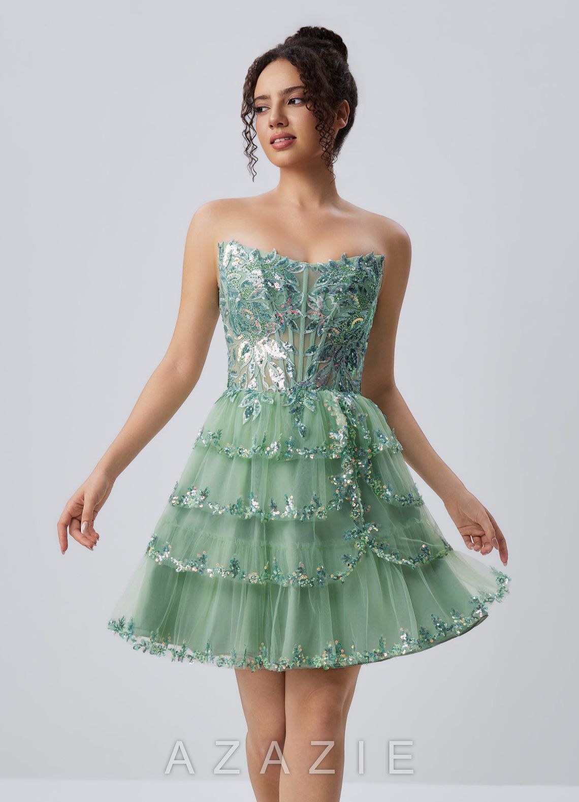 Esmayabella Sage Sequin Embroidery Beading Ruffles Corset Tulle Mini Dress