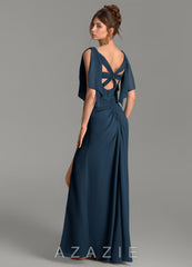 Azazie Ember Dark Navy Sheath Pleated Chiffon Dress dark_navy