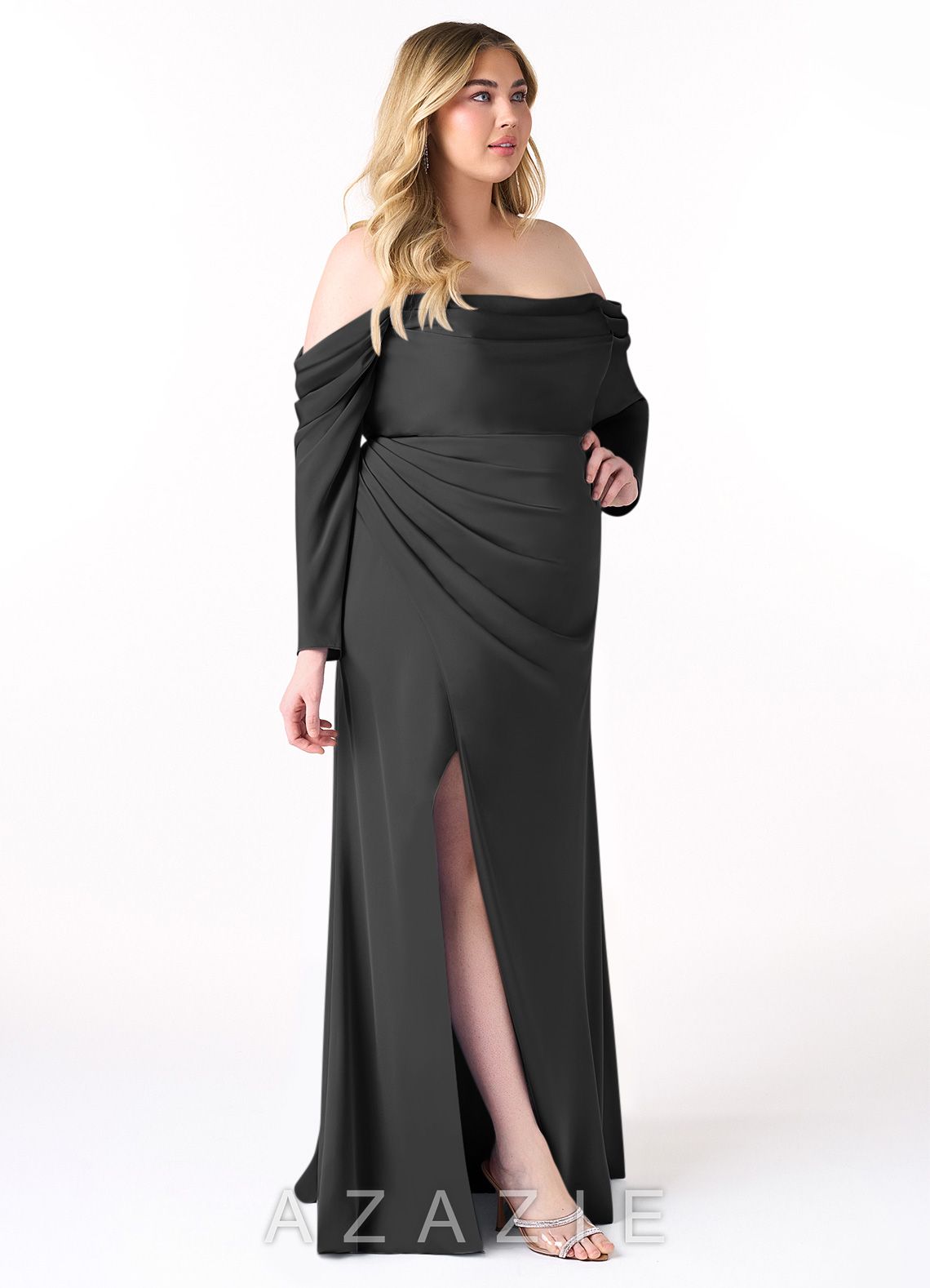 Azazie Hallie Black Mermaid Off-The-Shoulder Long Sleeve Stretch Satin Convertible Dress black