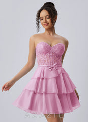 Aurelianna Pink Lace Rhinestone Ruffles Chiffon Corset Mini Dress