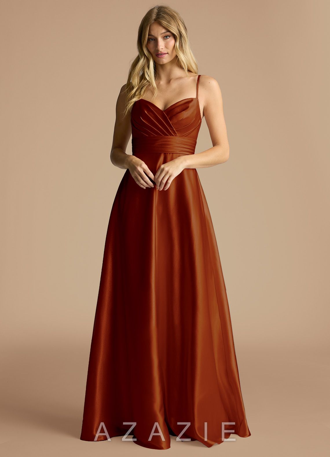 Azazie Oliana Auburn A-Line Sweetheart Neckline Metallic Satin Dress