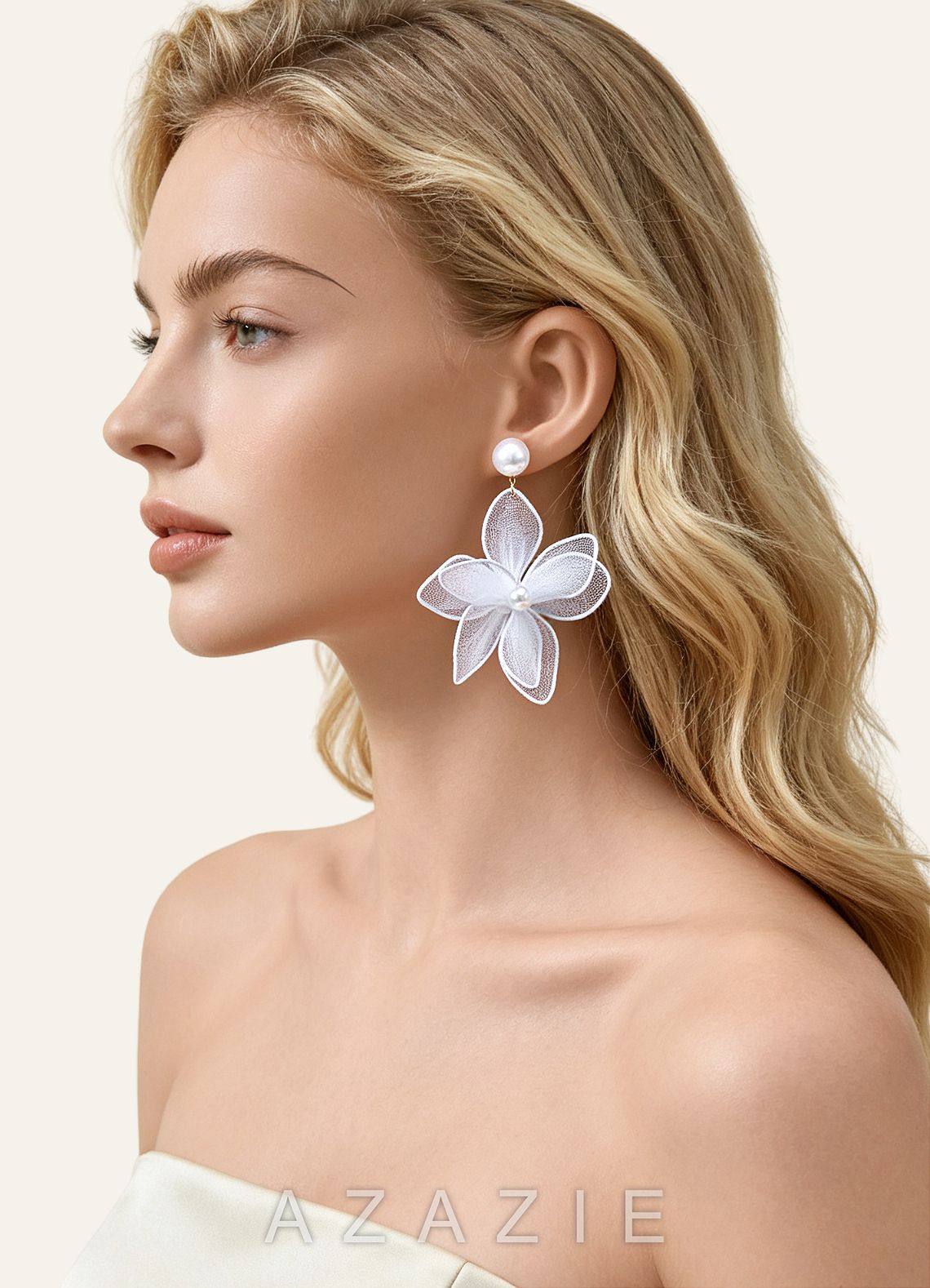 Mesh Floral Pearl Drop Earrings  white