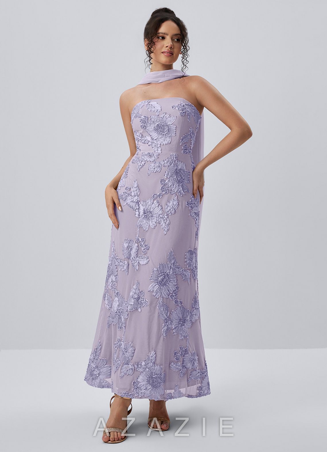 Esperanza Pale Purple Strapless 3D Floral Applique Maxi Dress