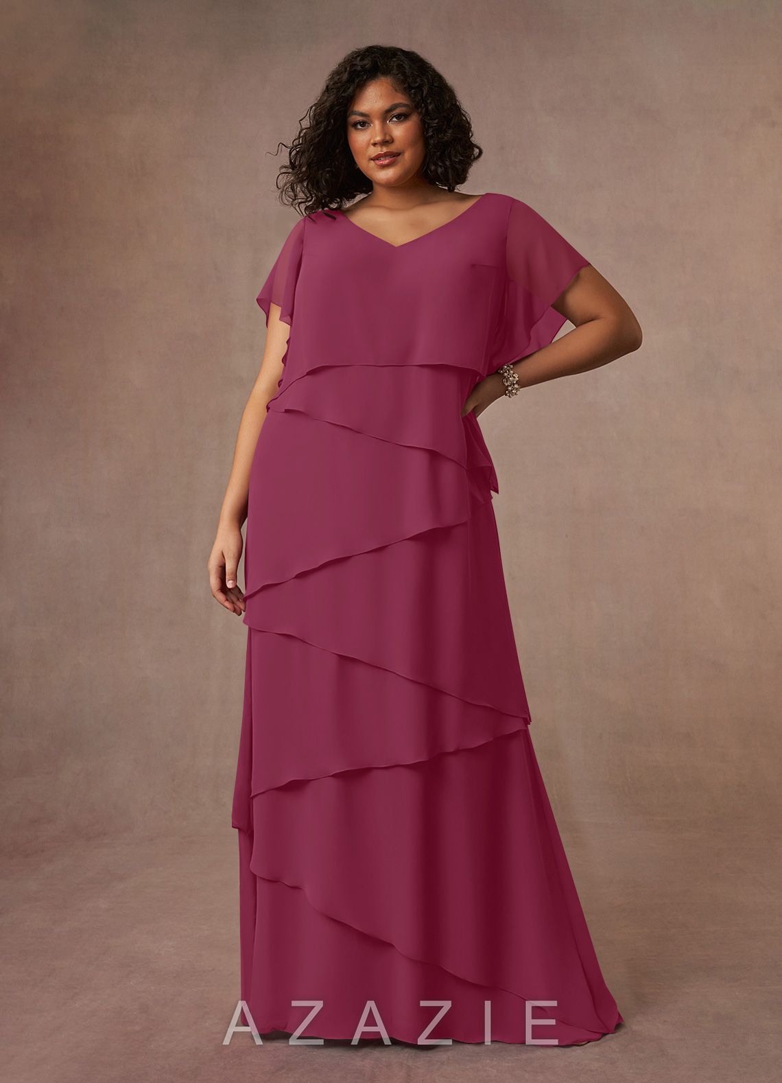 Azazie OHara Mulberry A-Line V-Neck Chiffon Dress mulberry