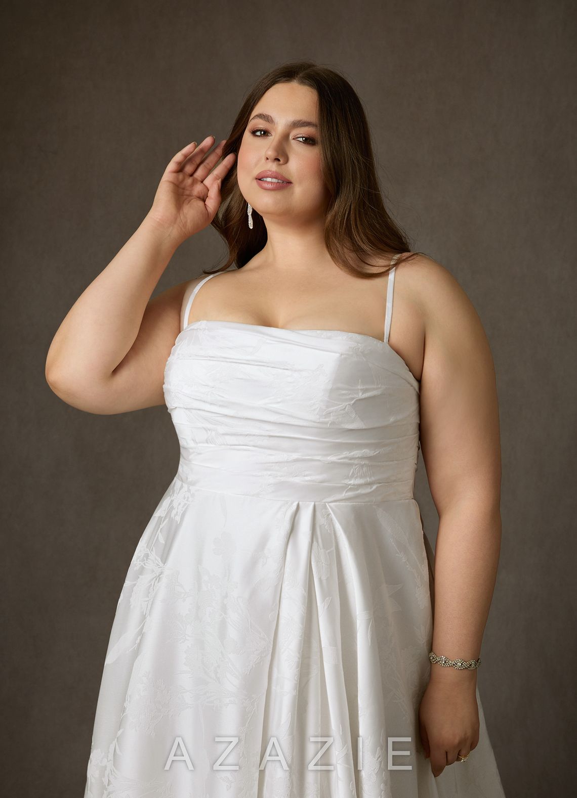 Azazie Daliah Diamond White A-Line Strapless Floral Jacquard Dress
