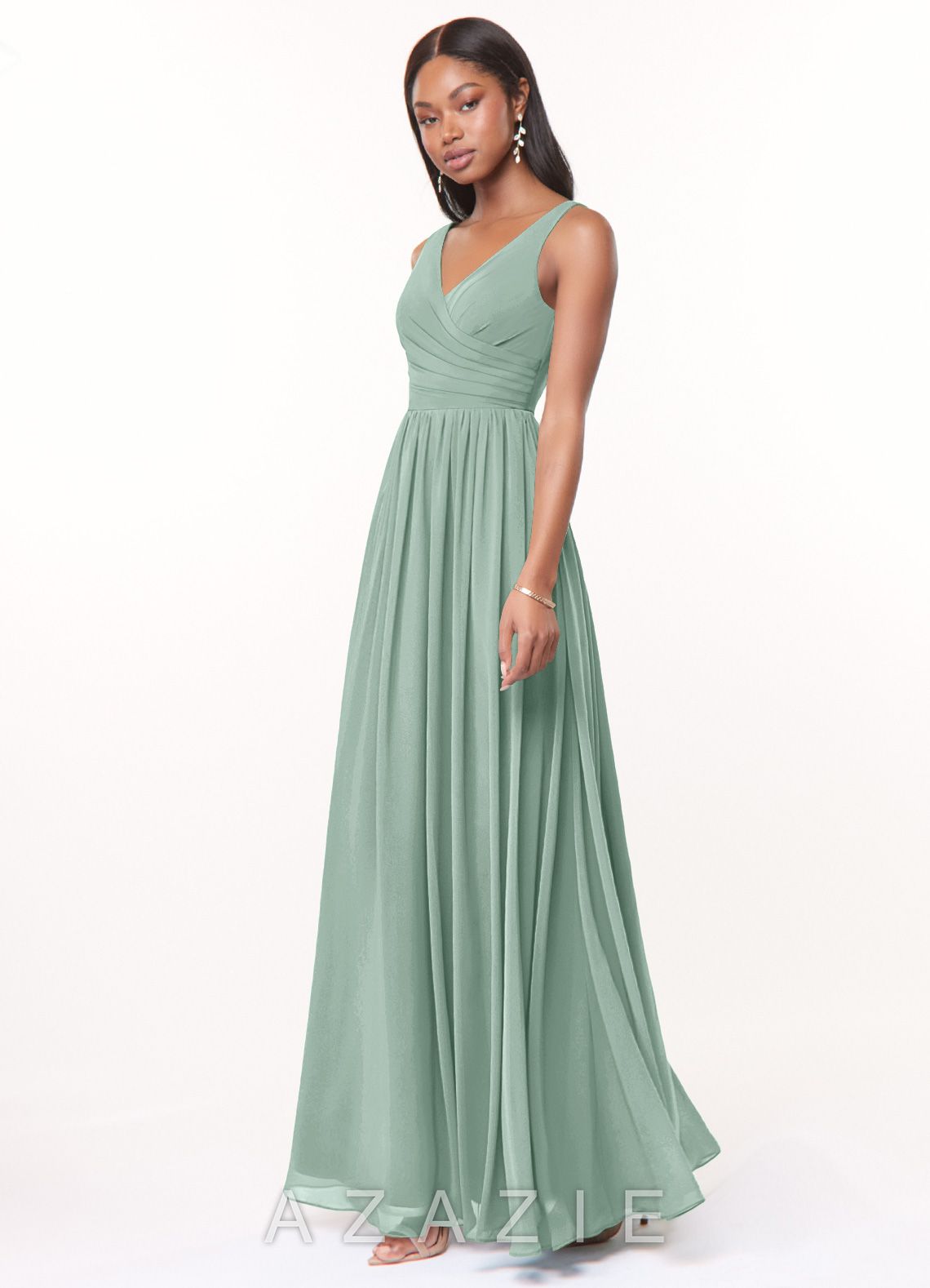 Azazie Keyla Agave A-Line V-Neck Pleated Chiffon Dress agave