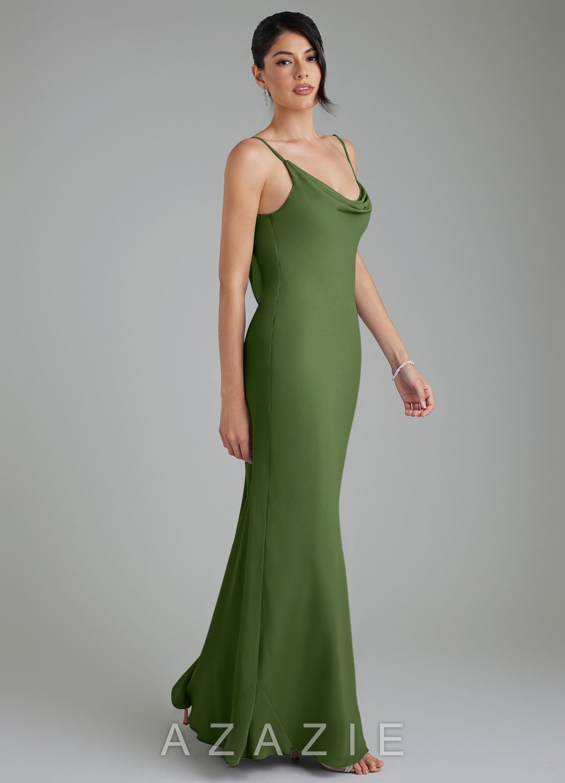 Azazie Veronica Olive Sheath Chiffon Dress olive