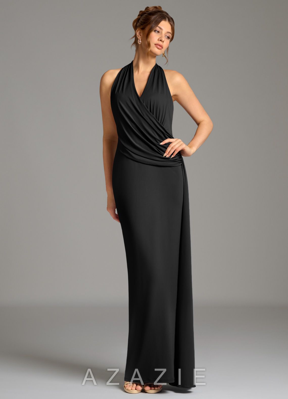 Azazie Nakia Black Sheath Pleated Premium Stretch Jersey Dress black