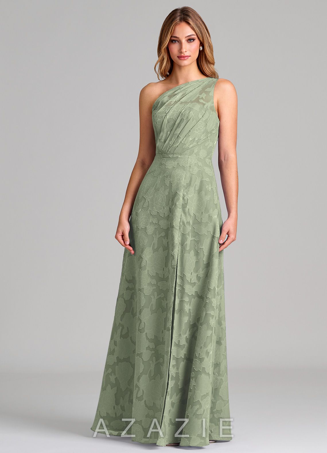 Azazie Phaedra Agave A-Line One Shoulder Floral Burnout Dress agave