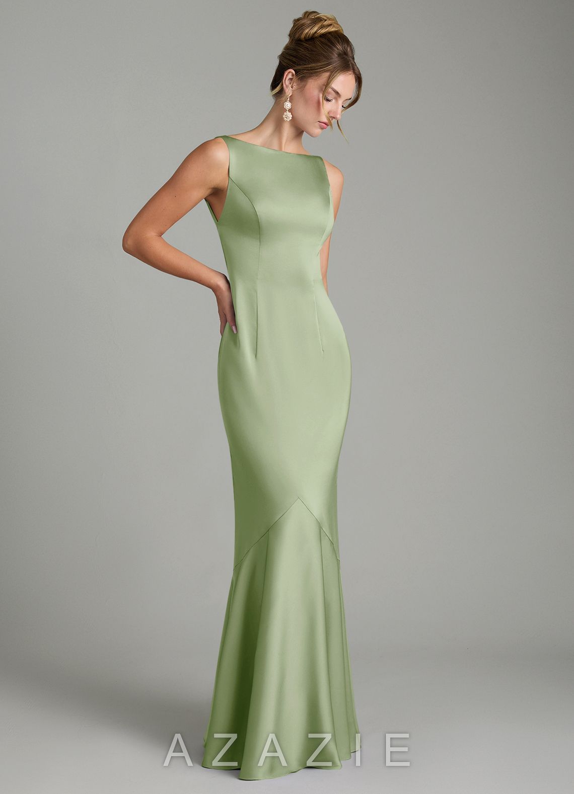 Azazie Tamera Dusty Sage Mermaid Pleated Stretch Satin Dress dusty_sage