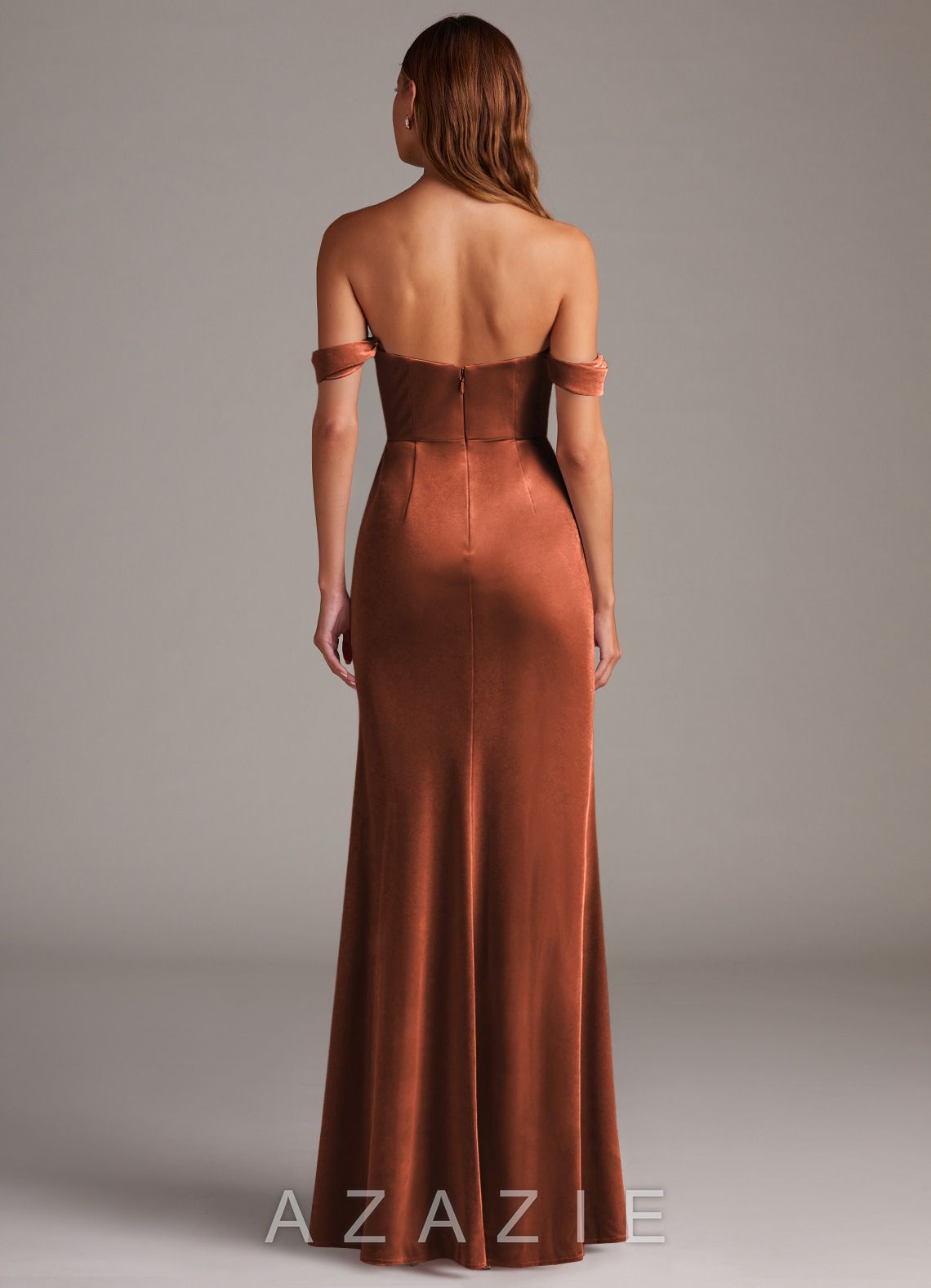 Azazie Saige Terracotta Sheath Off the Shoulder Velvet Convertible Dress terracotta