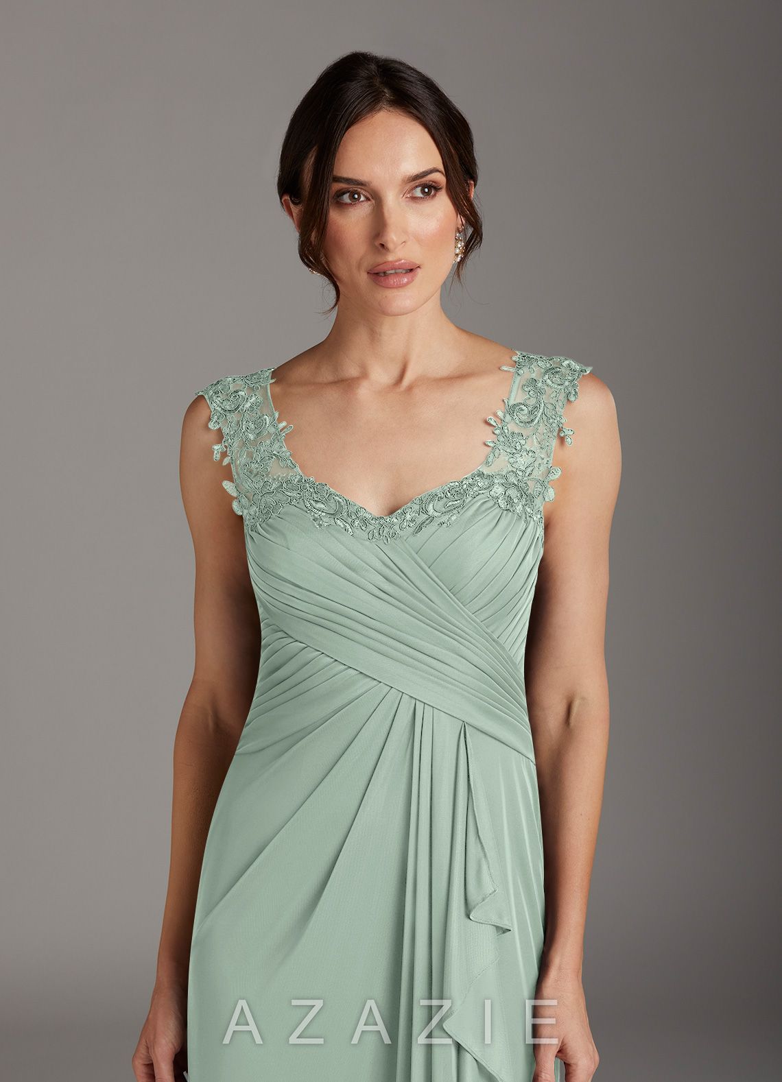 Azazie Edelin Agave A-Line Sweetheart Neckline Pleated Mesh Dress agave