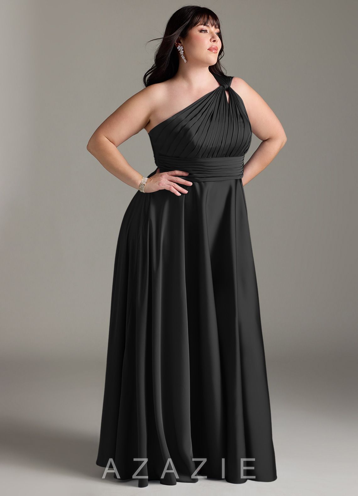 Azazie Charlize Black A-Line One Shoulder Stretch Satin Dress black