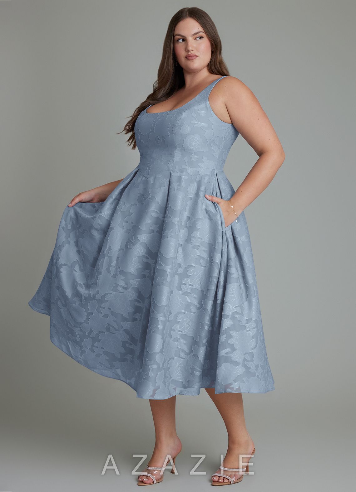 Azazie Amalie Dusty Blue A-Line Pleated Floral Burnout Dress dusty_blue