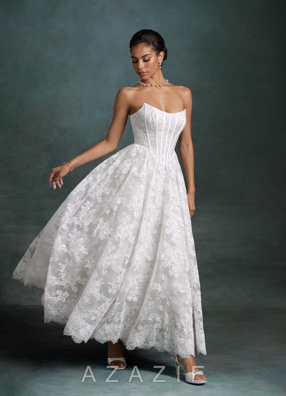 Azazie Brooklyn Diamond White Ball-Gown Strapless Lace Dress diamond_white