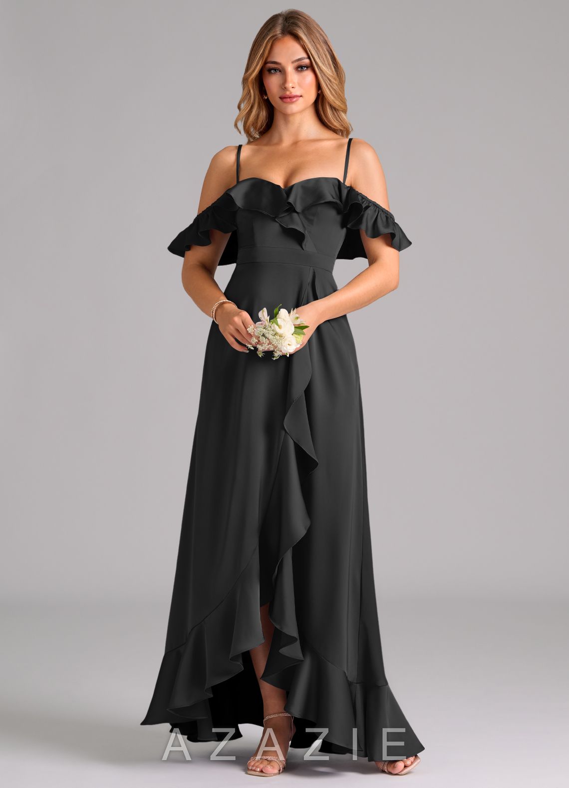 Azazie Lyra Black A-Line Off the Shoulder Stretch Satin Convertible Dress black