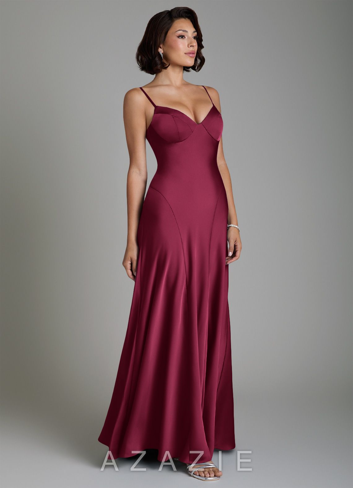 Azazie Tierra Burgundy A-Line Corset Stretch Satin Dress burgundy