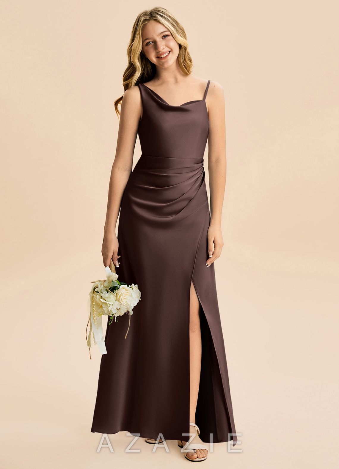 Azazie Abby Junior Ganache Sheath Pleated Stretch Satin Dress