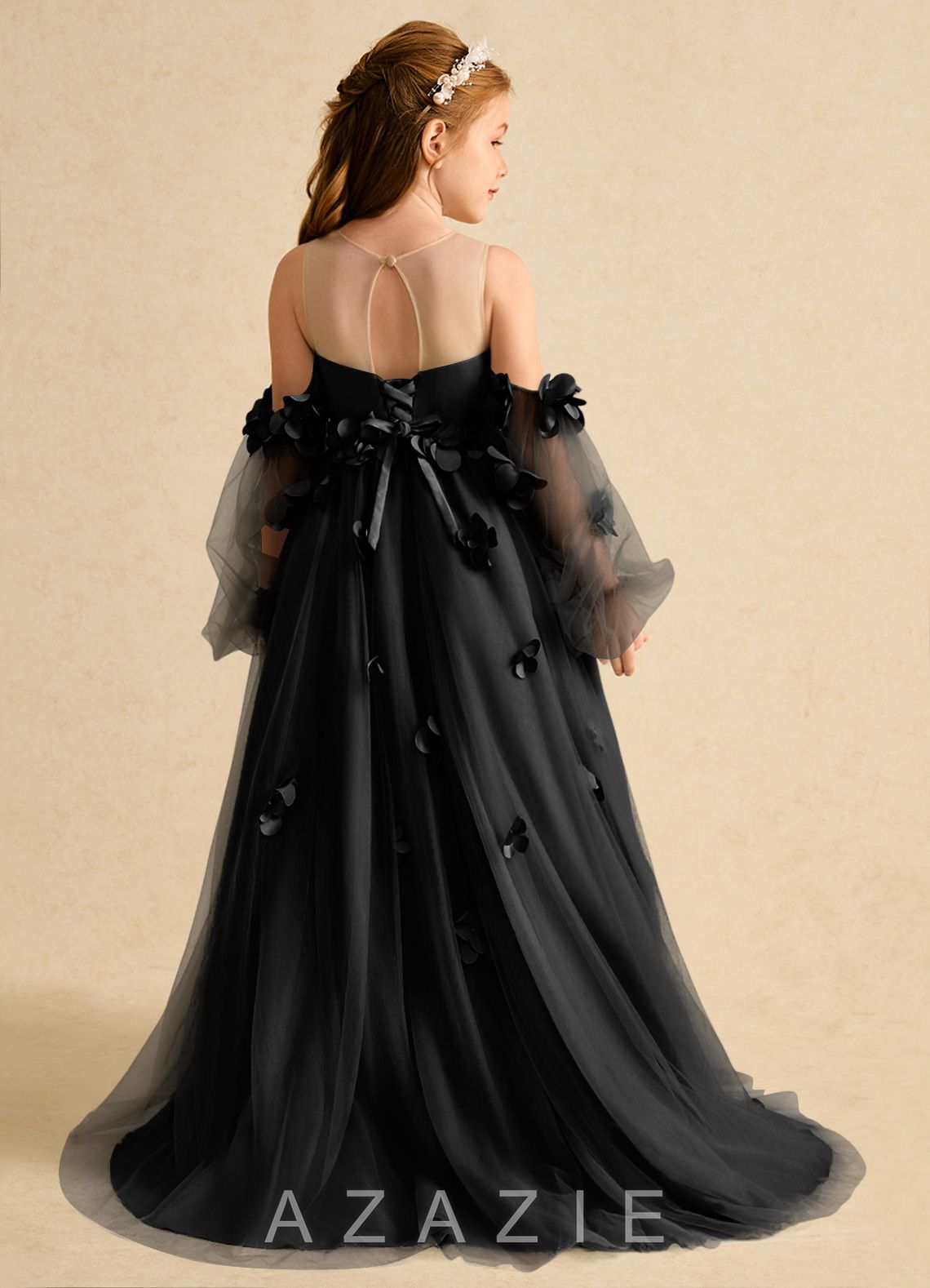 Azazie Karrie Black A-Line with Sleeves Tulle Dress black