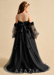 Azazie Karrie Black A-Line with Sleeves Tulle Dress black