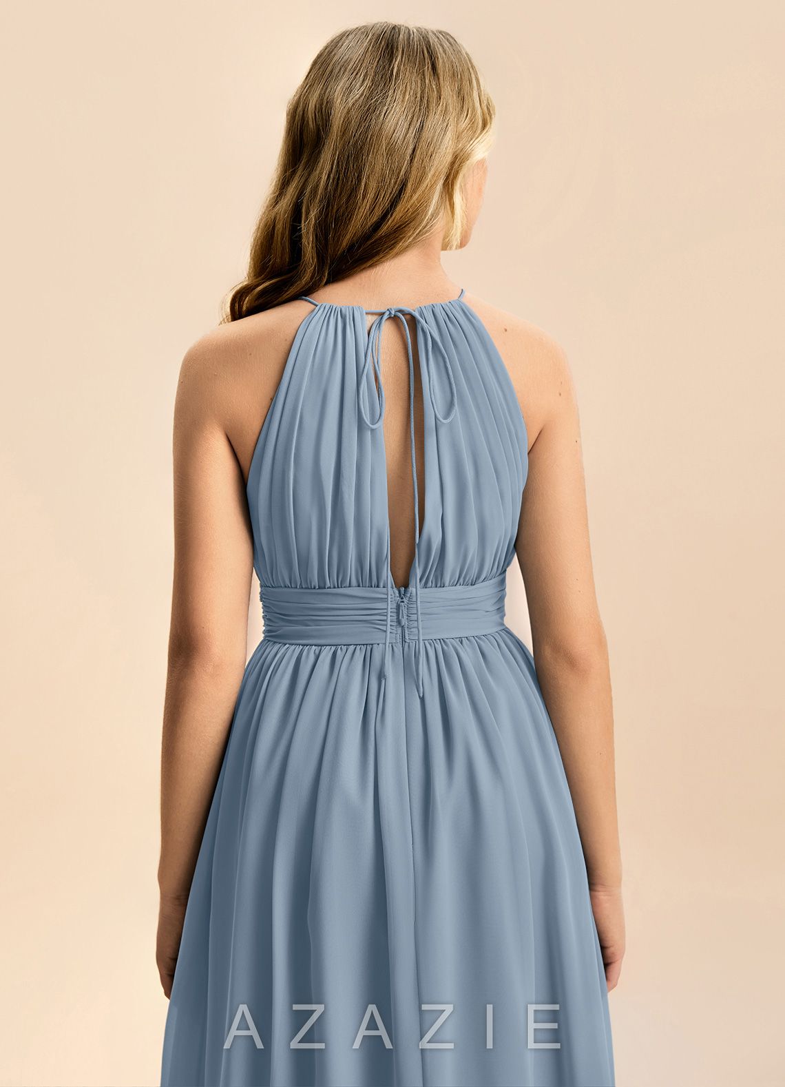 Azazie Noelle Junior Dusty Blue A-Line Pleated Chiffon Dress dusty_blue