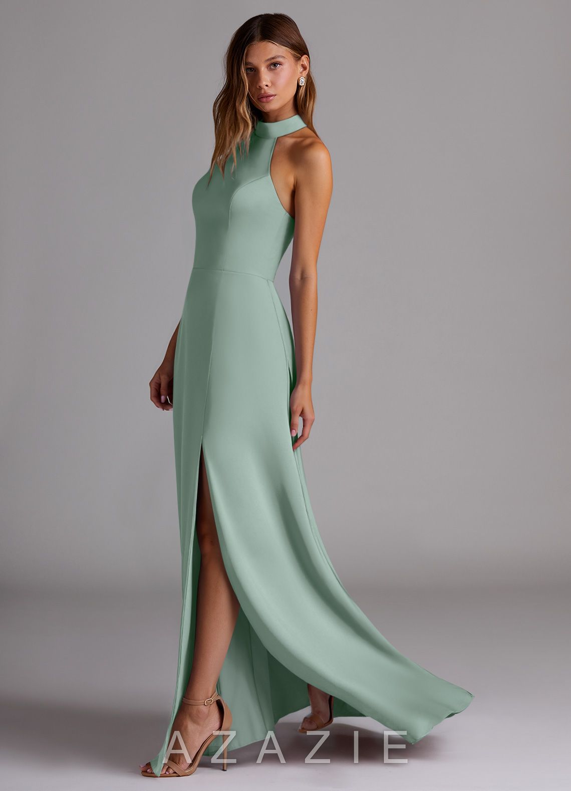 Azazie Myra Agave A-Line High Neck Stretch Satin Dress agave