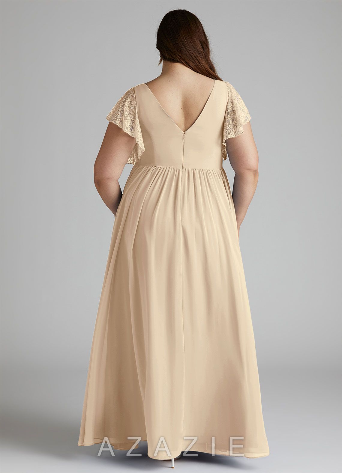 Azazie Zella Champagne A-Line Lace Chiffon Dress champagne