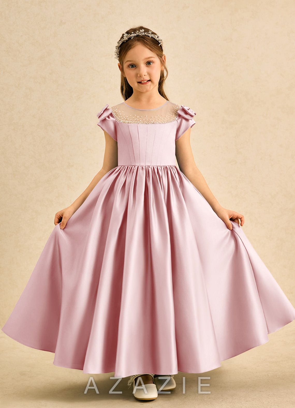Azazie Toffee Powder Pink Ball-Gown Bow Matte Satin Dress powder_pink
