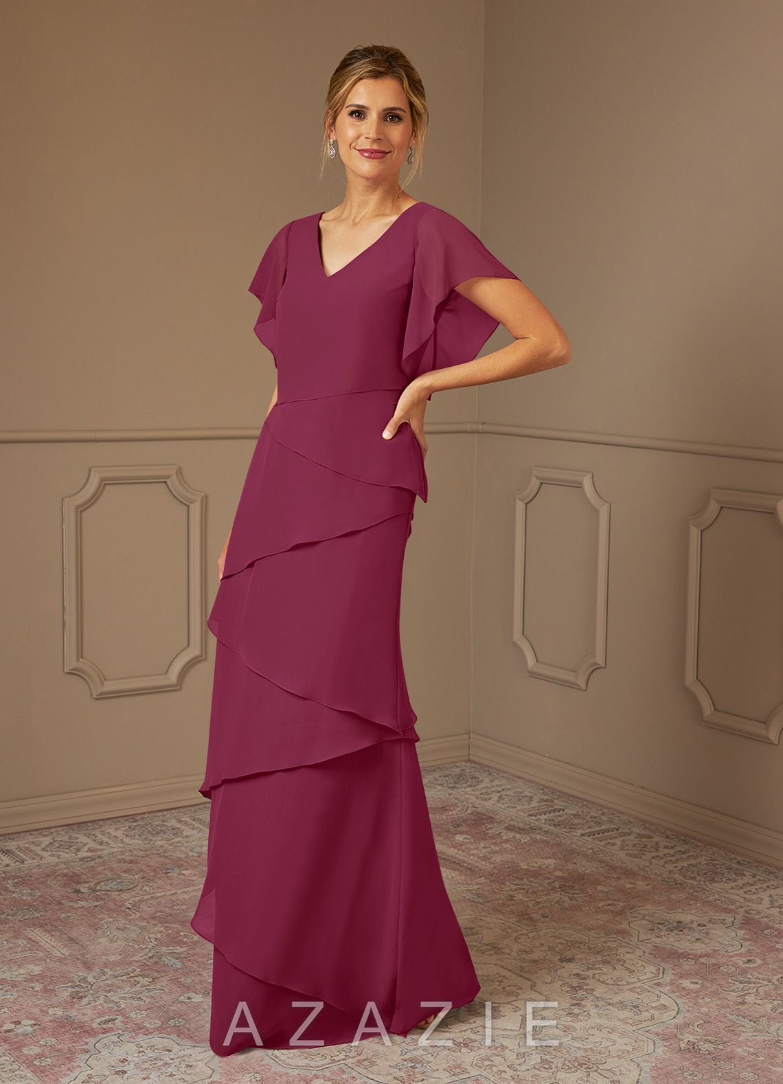 Azazie OHara Mulberry A-Line V-Neck Chiffon Dress mulberry